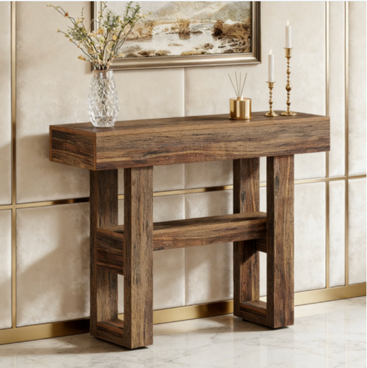 Rustic 41" Console Table with Geometric Legs & Storage Shelf – Farmhouse Entryway Table