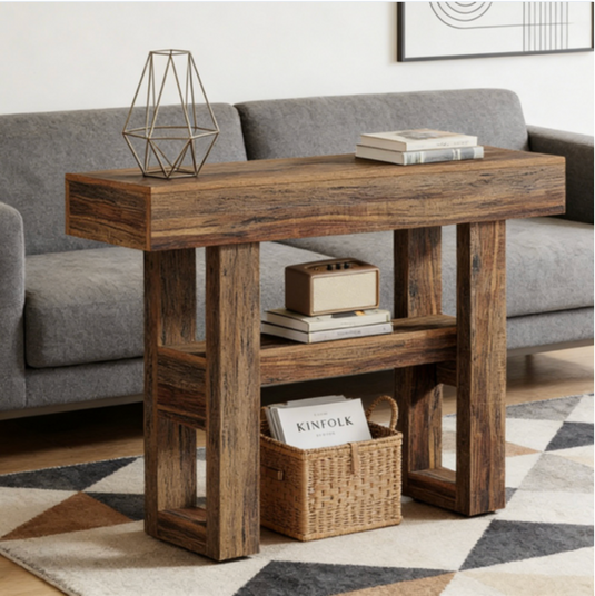 Rustic 41" Console Table with Geometric Legs & Storage Shelf – Farmhouse Entryway Table
