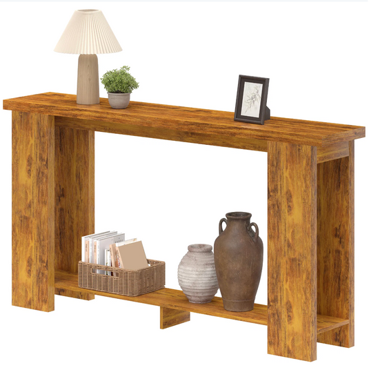 Farmhouse 63" Console Table with Bottom Shelf – Rustic Distressed Brown Narrow Entryway Table