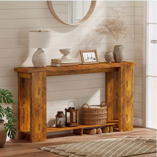 Farmhouse 63" Console Table with Bottom Shelf – Rustic Distressed Brown Narrow Entryway Table