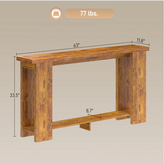 Farmhouse 63" Console Table with Bottom Shelf – Rustic Distressed Brown Narrow Entryway Table