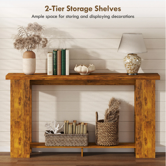 Farmhouse 63" Console Table with Bottom Shelf – Rustic Distressed Brown Narrow Entryway Table