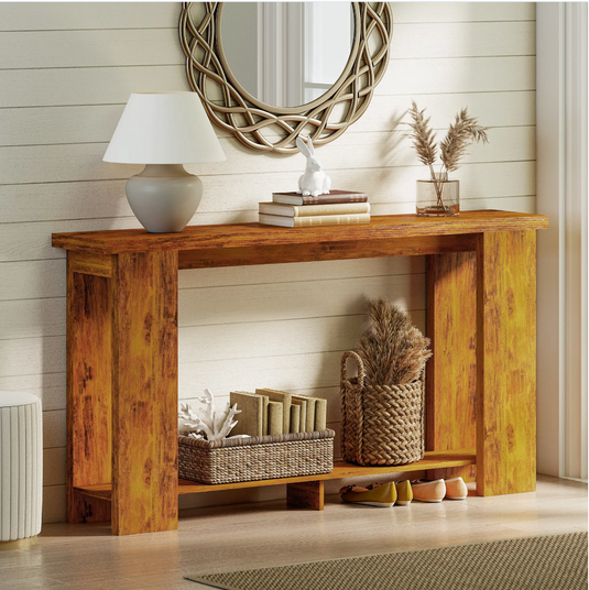 Farmhouse 63" Console Table with Bottom Shelf – Rustic Distressed Brown Narrow Entryway Table