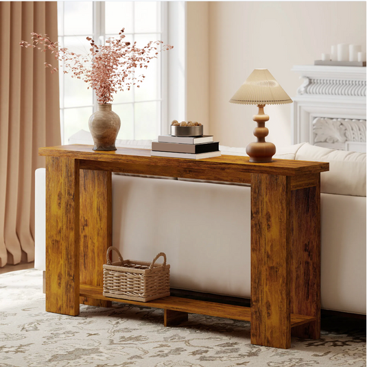 Farmhouse 63" Console Table with Bottom Shelf – Rustic Distressed Brown Narrow Entryway Table