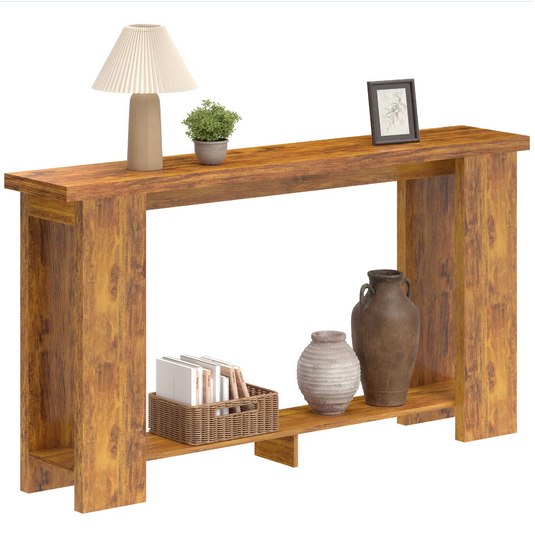 Farmhouse 63" Console Table with Bottom Shelf – Rustic Distressed Brown Narrow Entryway Table