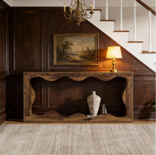 63" Sculptural Wave-Cutout Console Table – Rustic Reclaimed Wood Finish