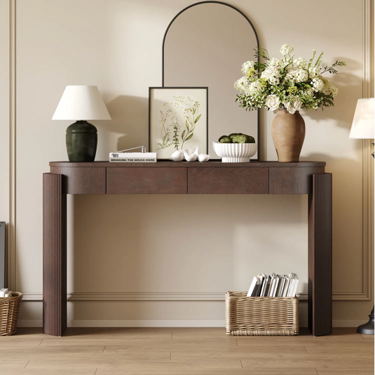 55" Modern Oval Console Table with Fluted Curved Leg & 2 Hidden Drawers – Espresso