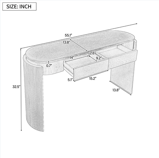 55" Modern Oval Console Table with Fluted Curved Leg & 2 Hidden Drawers – Espresso