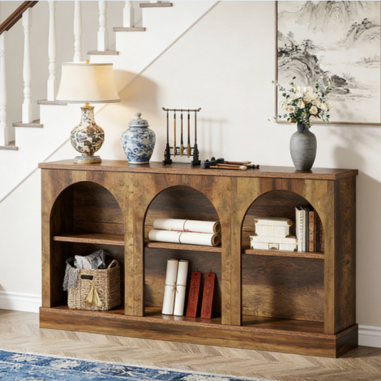 Rustic 63" Arched Console Table with 6 Open Shelves – Farmhouse Entryway Sideboard