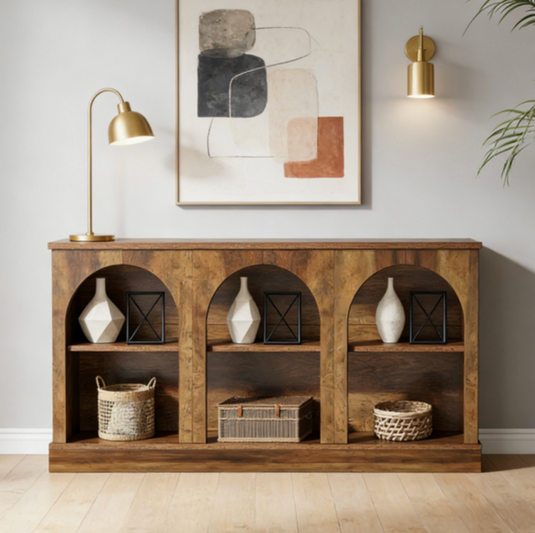 Rustic 63" Arched Console Table with 6 Open Shelves – Farmhouse Entryway Sideboard