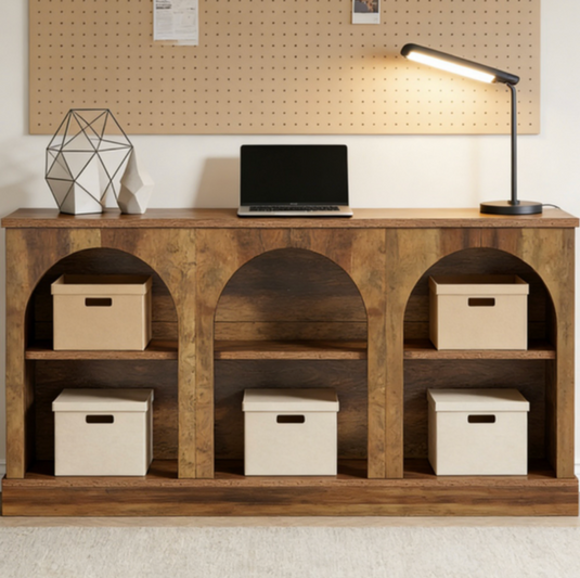 Rustic 63" Arched Console Table with 6 Open Shelves – Farmhouse Entryway Sideboard