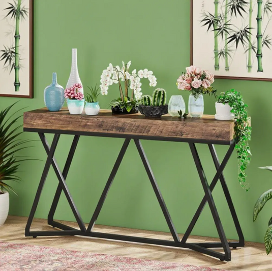 55" Industrial Console Table with Geometric X-Base Metal Frame – Rustic Brown & Black