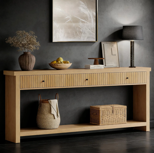 71" Japandi Fluted Console Table with 3 Drawers & Open Bottom Shelf – Natural Oak Finish