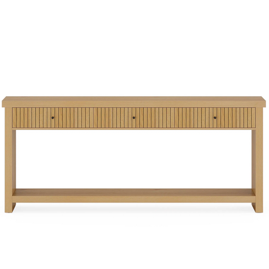 71" Japandi Fluted Console Table with 3 Drawers & Open Bottom Shelf – Natural Oak Finish