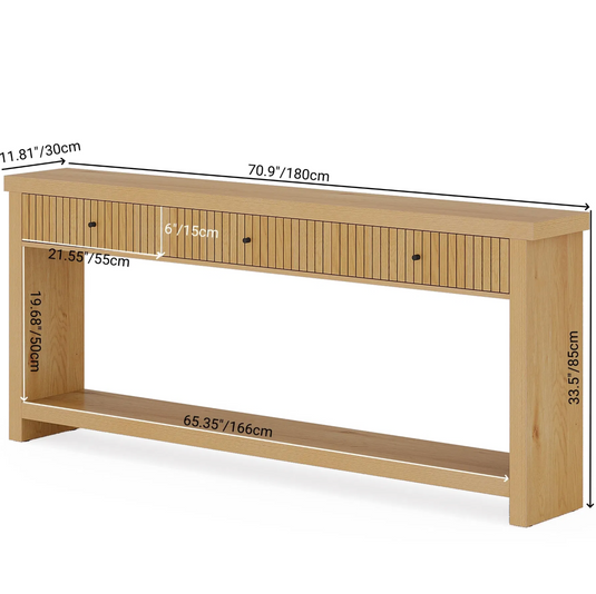 71" Japandi Fluted Console Table with 3 Drawers & Open Bottom Shelf – Natural Oak Finish