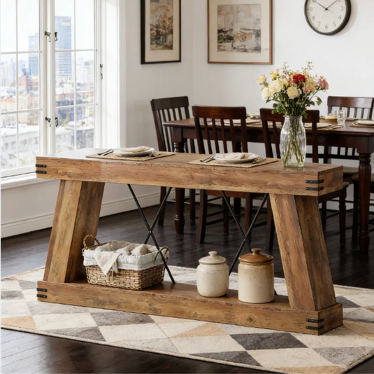 71" Rustic Industrial Trestle Console Table with Metal X-Brace & Bottom Shelf – Reclaimed Barnwood Finish