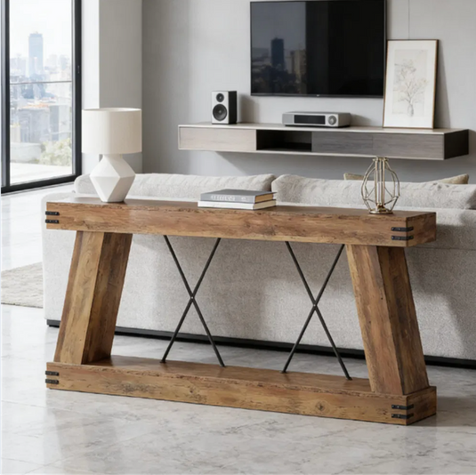 71" Rustic Industrial Trestle Console Table with Metal X-Brace & Bottom Shelf – Reclaimed Barnwood Finish