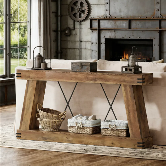 71" Rustic Industrial Trestle Console Table with Metal X-Brace & Bottom Shelf – Reclaimed Barnwood Finish
