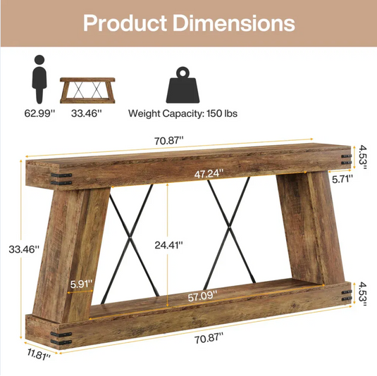 71" Rustic Industrial Trestle Console Table with Metal X-Brace & Bottom Shelf – Reclaimed Barnwood Finish