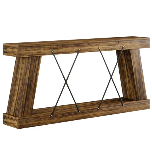 71" Rustic Industrial Trestle Console Table with Metal X-Brace & Bottom Shelf – Reclaimed Barnwood Finish