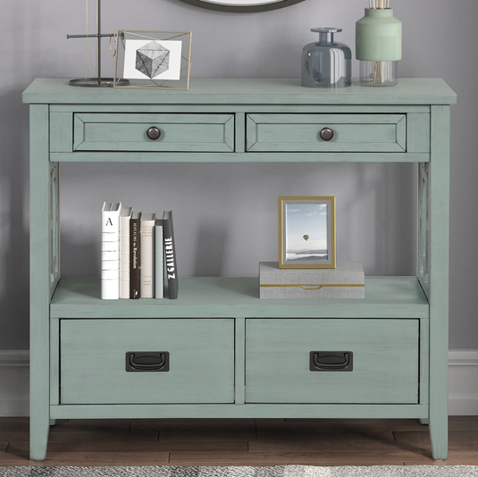 36" Solid Pine Farmhouse Console Table with 4 Drawers & Open Shelf – Retro Blue