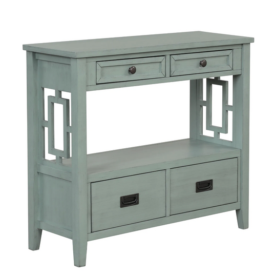 36" Solid Pine Farmhouse Console Table with 4 Drawers & Open Shelf – Retro Blue
