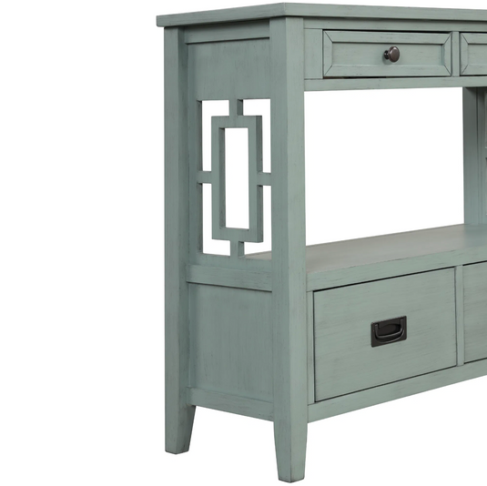 36" Solid Pine Farmhouse Console Table with 4 Drawers & Open Shelf – Retro Blue