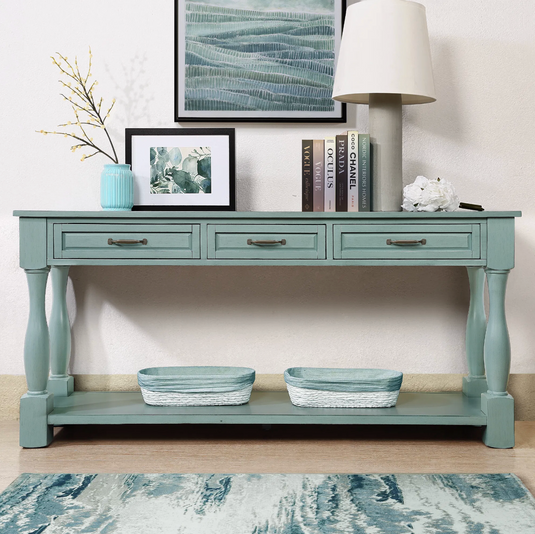63" Extra-Long Solid Pine Console Table with 3 Drawers, Bottom Shelf & Turned Legs – Retro Blue