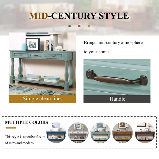 63" Extra-Long Solid Pine Console Table with 3 Drawers, Bottom Shelf & Turned Legs – Retro Blue