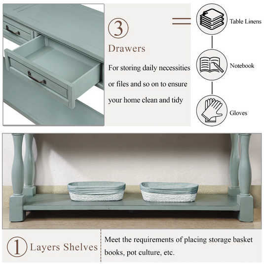63" Extra-Long Solid Pine Console Table with 3 Drawers, Bottom Shelf & Turned Legs – Retro Blue
