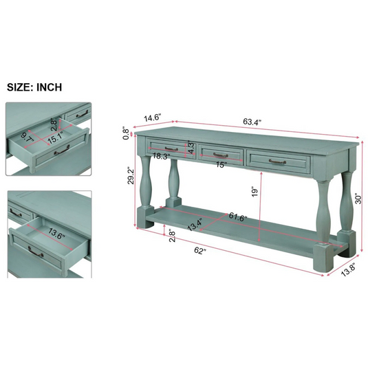 63" Extra-Long Solid Pine Console Table with 3 Drawers, Bottom Shelf & Turned Legs – Retro Blue