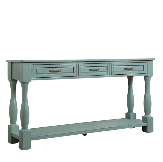 63" Extra-Long Solid Pine Console Table with 3 Drawers, Bottom Shelf & Turned Legs – Retro Blue