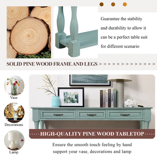 63" Extra-Long Solid Pine Console Table with 3 Drawers, Bottom Shelf & Turned Legs – Retro Blue