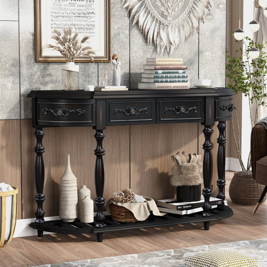 52" Black Carved Spindle-Leg Console Table