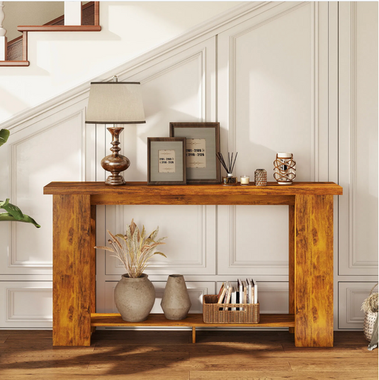 Farmhouse 63" Console Table with Bottom Shelf – Rustic Distressed Brown Narrow Entryway Table