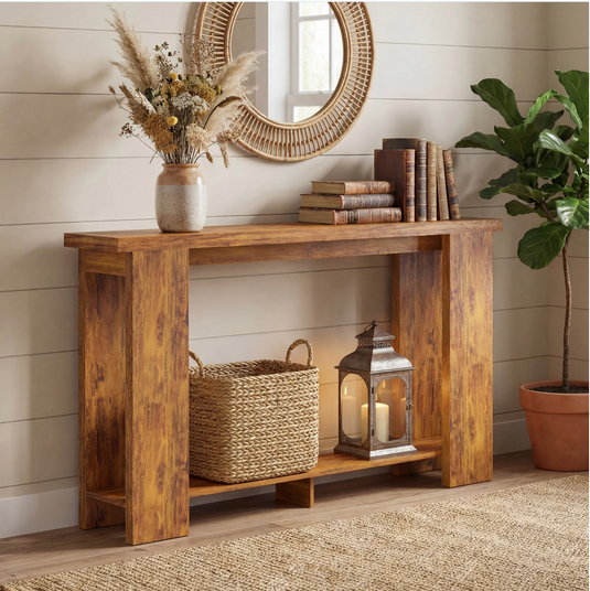 Farmhouse 63" Console Table with Bottom Shelf – Rustic Distressed Brown Narrow Entryway Table