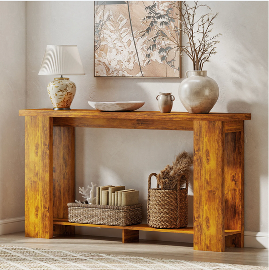 Farmhouse 63" Console Table with Bottom Shelf – Rustic Distressed Brown Narrow Entryway Table