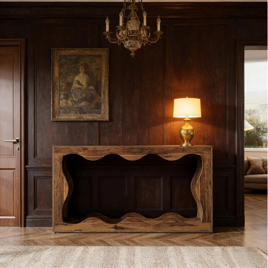 63" Sculptural Wave-Cutout Console Table – Rustic Reclaimed Wood Finish
