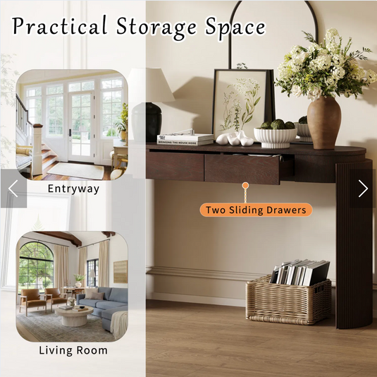 55" Modern Oval Console Table with Fluted Curved Leg & 2 Hidden Drawers – Espresso