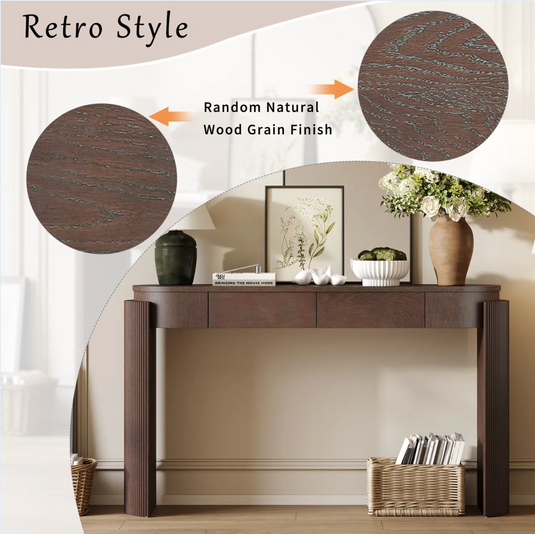 55" Modern Oval Console Table with Fluted Curved Leg & 2 Hidden Drawers – Espresso