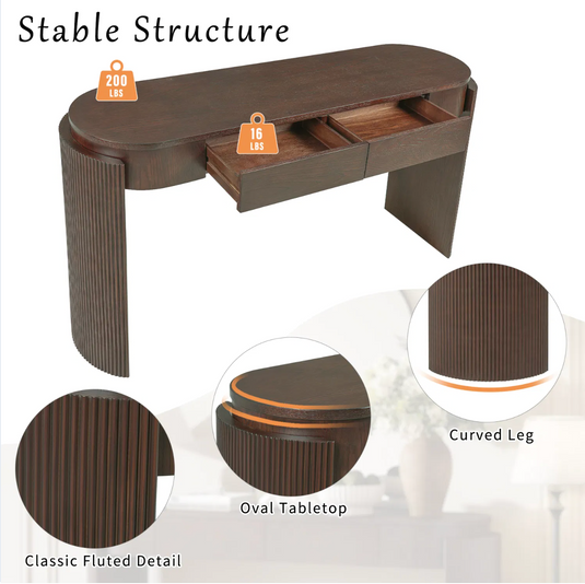 55" Modern Oval Console Table with Fluted Curved Leg & 2 Hidden Drawers – Espresso