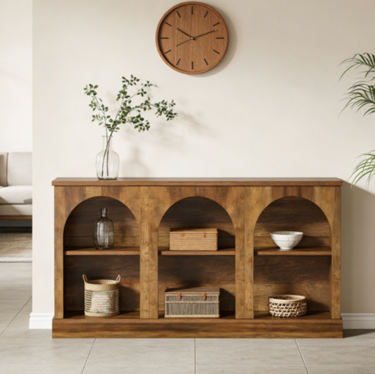 Rustic 63" Arched Console Table with 6 Open Shelves – Farmhouse Entryway Sideboard