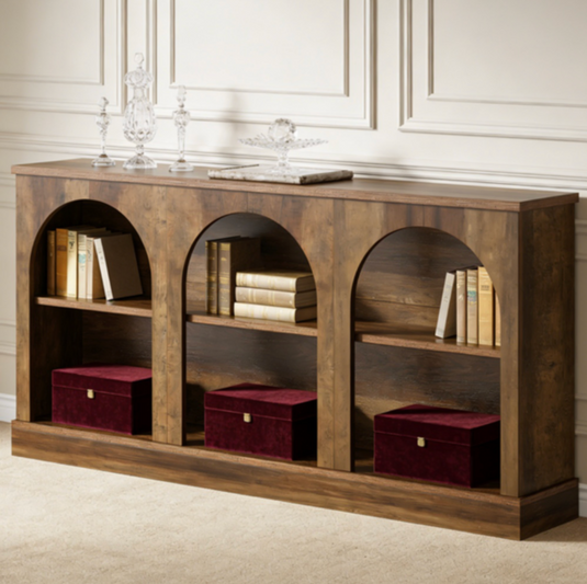 Rustic 63" Arched Console Table with 6 Open Shelves – Farmhouse Entryway Sideboard