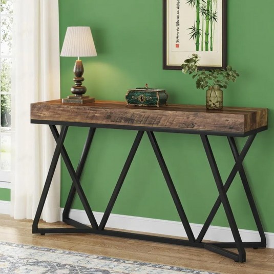 55" Industrial Console Table with Geometric X-Base Metal Frame – Rustic Brown & Black