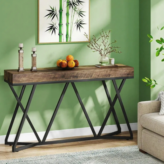 55" Industrial Console Table with Geometric X-Base Metal Frame – Rustic Brown & Black