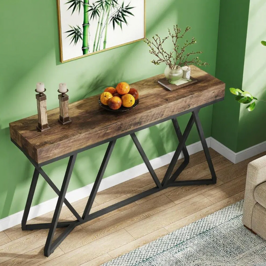 55" Industrial Console Table with Geometric X-Base Metal Frame – Rustic Brown & Black