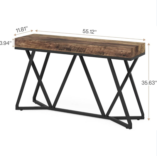 55" Industrial Console Table with Geometric X-Base Metal Frame – Rustic Brown & Black