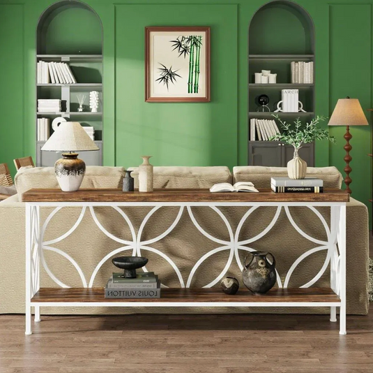 71" Extra-Long Console Table with Geometric Quatrefoil Metal Frame – Rustic Brown & White