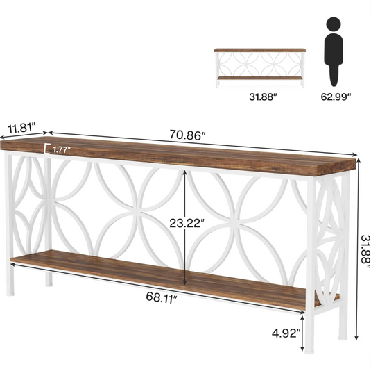 71" Extra-Long Console Table with Geometric Quatrefoil Metal Frame – Rustic Brown & White