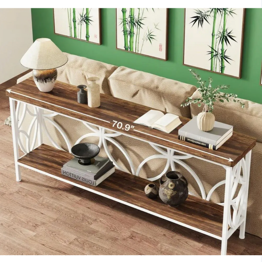 71" Extra-Long Console Table with Geometric Quatrefoil Metal Frame – Rustic Brown & White